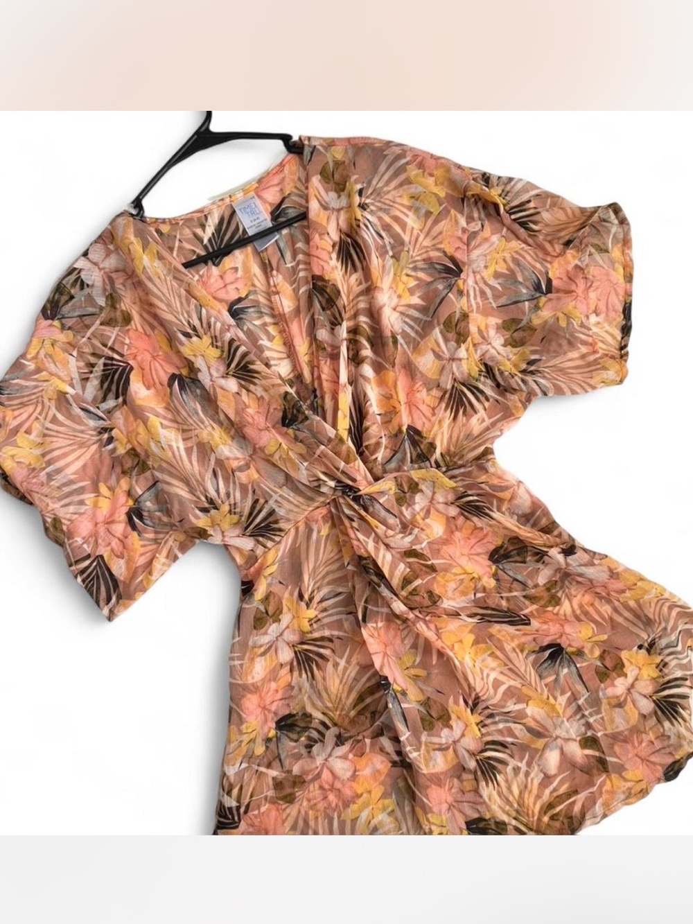 Time and Tru Floral Twist-Front Top in Peach, Yellow & Green